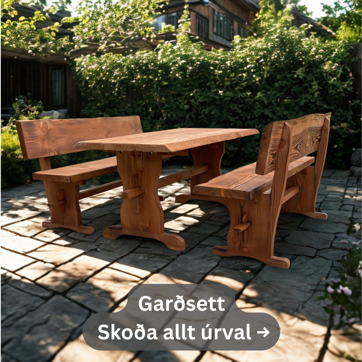 Garðsett úr harðviði – útiborð og bekkir fyrir heimili, sumarhús og fyrirtæki  Eða aðeins SEO-þyngra:  Útihúsgögn – garðsett með borði og bekkjum úr douglasgreni eða eik