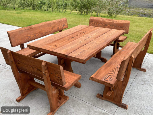 Hallgerður garðsett – stórt útiborð og bekkir úr Douglasgreni í norrænum stíl