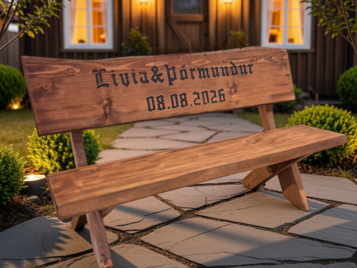 Útibekkur úr Douglasgreni með áletrun fyrir brúðargjöf, handsmíðaður trébekkur með handunninni grafskrift.
