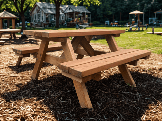 Óli prik barna útiborð og bekkur úr Douglasgreni – handsmíðað borð í barnastærð með sléttu og öruggu yfirborði. Mjög sterk og stöðug útihúsgögn sem henta leiksvæðum, leikskólum og sumarhúsum.